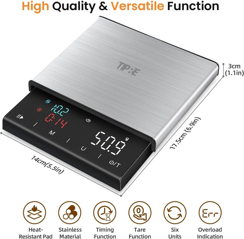 TIPRE Coffee Scale with Timer, 0.1g High Precision Espresso Scale, Pour Over Coffee Weight Scale Rechargeable Coffee Scale for Espresso with Color LED Display, Touch Sensor, Silicone Cover - Image 2